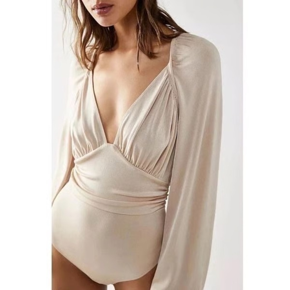 Free People Womens Bodysuit In Your Arms Champagne Beige Stretch Sz. M